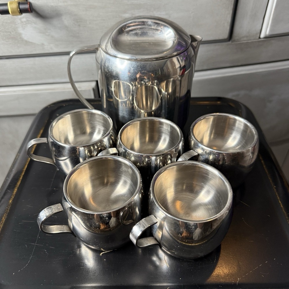 Vintage MCM 6 Pc Tramontina Stainless Steel Double Wall Espresso Tea Cups Carafe